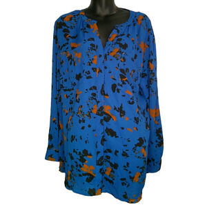 Apt 9 Long Sleeve Blue Hidden Button Blouse Splatter Pattern Leopard Pockets